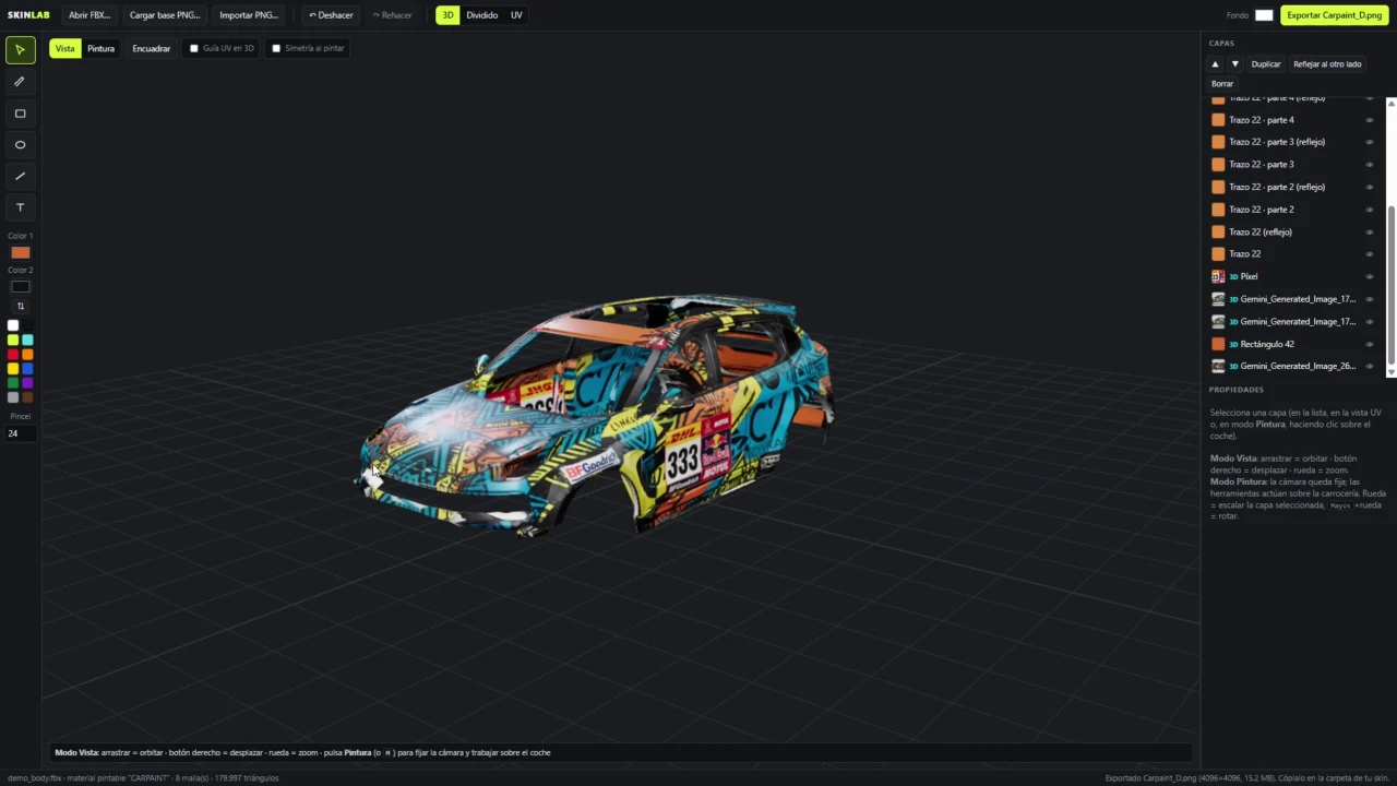 Interfaz de una aplicación web para personalizar vehículos en 3D